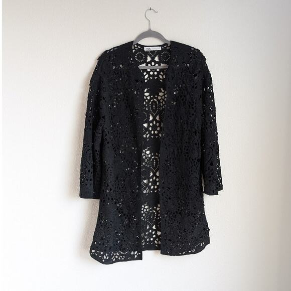 Zara Jackets & Blazers - Zara Black Macrame Knit Crochet Cardigan Coat Long Sleeve Jacket, size XS-S